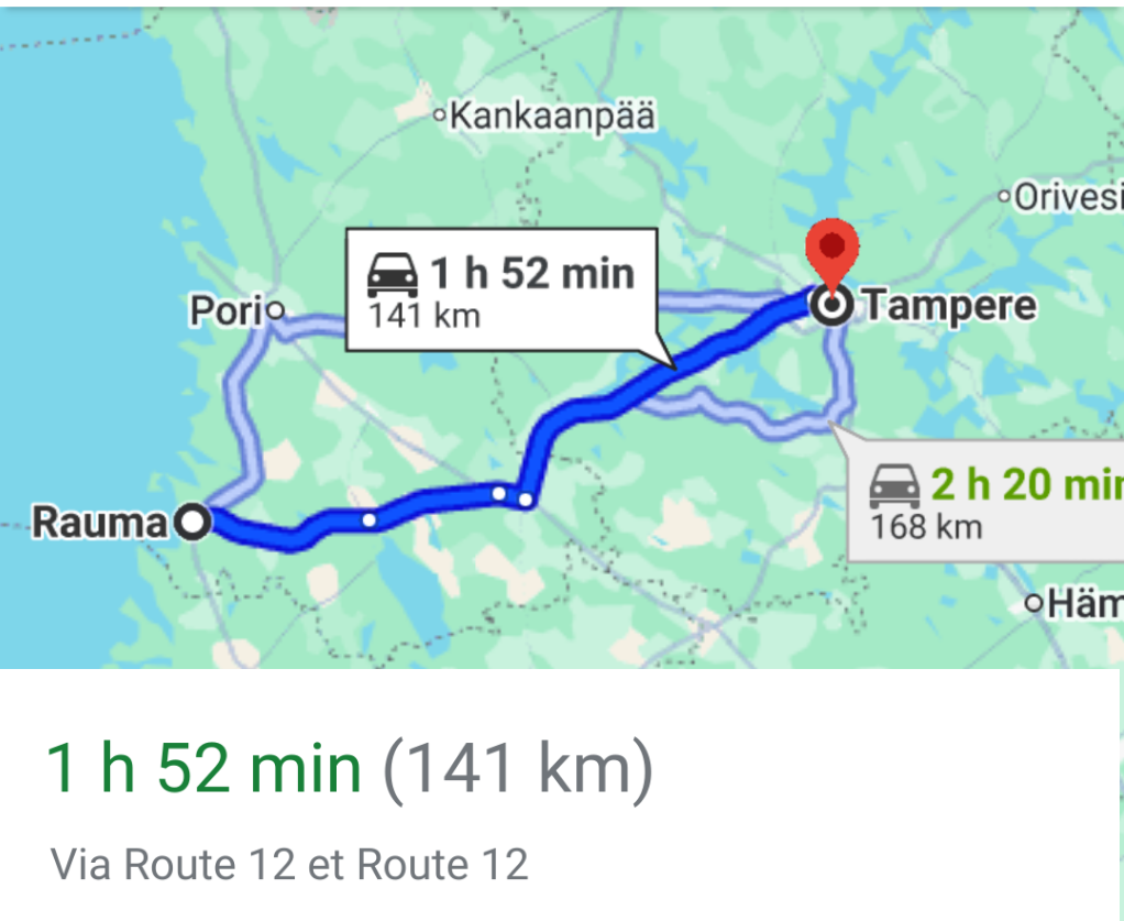 carte trajet en bus Tampere Rauma
