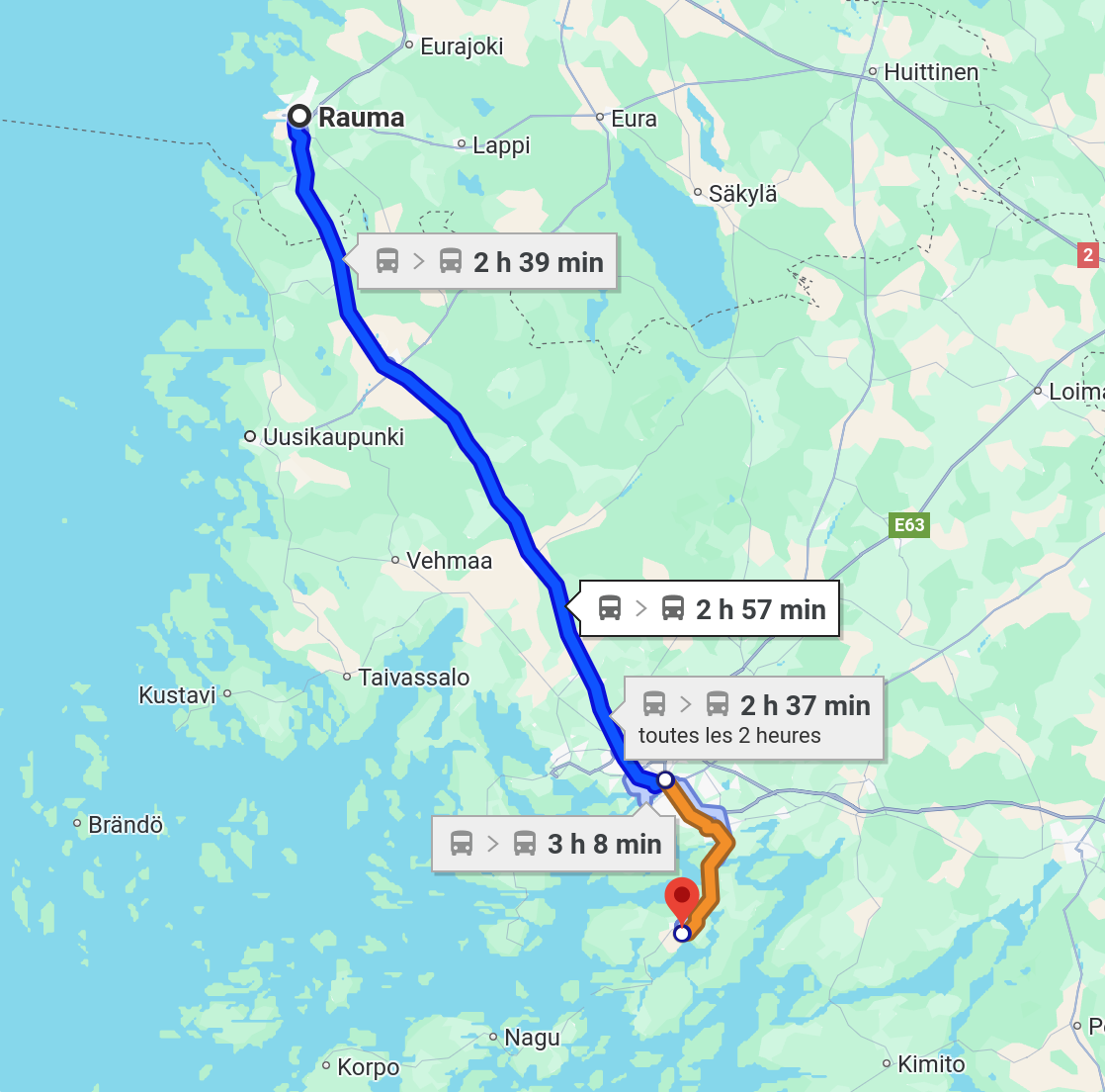 carte trajet en bus Tampere Rauma